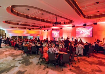 Many groups of people sat around circular tables in a large room, with a band playing on stage.