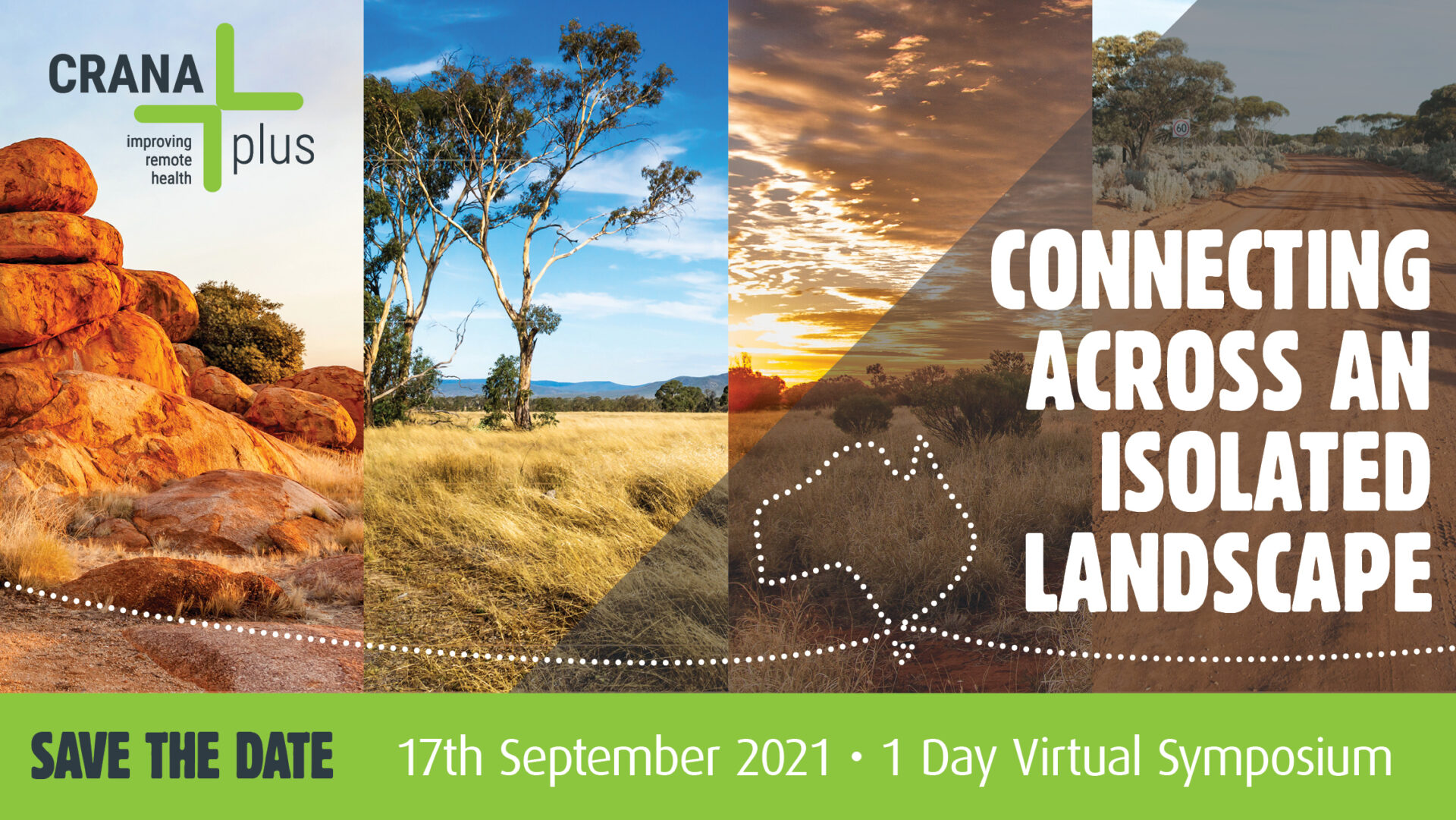 CRANAplus connecting across an isolated landscape. Save the date 17th September 2021. 1 Day virtual symposium