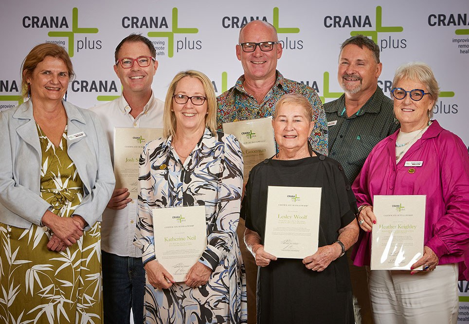 Five newly appointed Fellows of CRANAplus (left to right) CRANAplus CEO Linda Kensington; Josh Stafford; Katherine Neil; Mark Goodman; Lesley Woolf OAM; Board Chair John Wright; Heather Keighley.